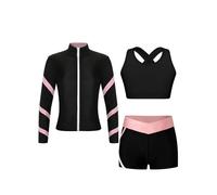 Alvivi Conjunto de Deportivo de Tres Piezas para Niñas Chaqueta de Danza Sudadera con Cremallera y Tanks Top y Leggings Cortos Ropa de Fitness Correr Yoga 5-16 Años Negro y Rosa 11-12 años