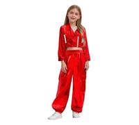 Alvivi Conjunto Metalizado de 2 Piezas Niños para Bailar Jazz y Hip - Hop con Chaqueta y Pantalones Cargos Ropa de Danza Urbana Rojo 13-14 años