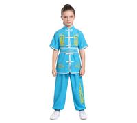 Alvivi Disfraz de Artes Marciales para Niños Uniformes Tradicionales de Tai Chi Ala Chun de Manga Corta con Bordado de Dragón Traje de Kung Fu Wushu Qi Gong Azul 9-10 años
