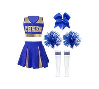 Alvivi Disfraz de Cheerleaders Animadora para Niñas Crop Top y Falda Plisada con Pompones+Calcetines+Diadema de Lazo Vestido de Danza Uniforme Colegiala Porrista 5-16 Años B Azul 9-10 años