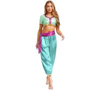 Alvivi Disfraz de Princesa Árabe para Mujer Top Corto con Mangas Cortas y Pantalones Bombachos de Danza del Vientre Traje de Danza para Cosplay Actuación Menta verde L