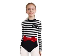Alvivi Disfraz Preso Niña Maillot de Prisionera a Rayas Leotardos Danza de Manga Larga con Cinturón de Lazo Disfraz Bailarina para Fiesta Temática 5-16 Años Negro 11-12 años