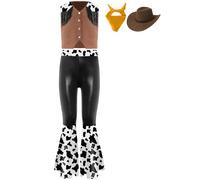 Alvivi Disfraz Vaquero del Oeste para Niños de 4 Piezas Disfraz Disco Style Años 70 con Chaleco Flecos y Pantalones Brillantes y Sombrero Pañuelo 5-16 Años Marrón claro 7-8 años