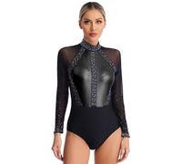 Alvivi Maillot Ballet de Brillante para Mujer Body de Manga Larga Leotardo Gimnasia Rítmica con Cuello Alto Maillot de Patinaje Artístico Rendimiento S-XXL Negro M