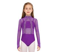 Alvivi Maillot Brillante de Baile para Niña Body Gimnasia Rítmica Maillot de Ballet de Manga Larga sin Espalada Disfraz de Bailarina Ropa de Deportiva Morado 11-12 años