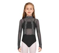 Alvivi Maillot Brillante de Baile para Niña Body Gimnasia Rítmica Maillot de Ballet de Manga Larga sin Espalada Disfraz de Bailarina Ropa de Deportiva Negro 13-14 años