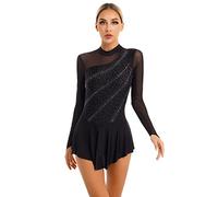 Alvivi Maillot de Danza para Mujer Patinaje de Manga Larga Maillot Gimnasia Rítmica con Falda y Pedrería Brillante Vestido de Baile Disfraz Bailarina S-XXL A Negro M