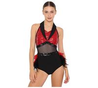 Alvivi Maillot Mujer Jazz de Baile Latino con Lentejuelas y Plumas Maillot de Patinaje Artistico sin Mangas Vestido de Baile de Salon Tango Rumba Drag Queen Rojo XL