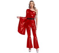 Alvivi Mono Brillante de Baile para Mujer Jumpsuit Acampanado con un Hombro Mono de Disco Style Disfraz de Danza Animadora B Rojo XL