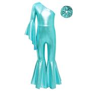 Alvivi Mono de Brillante Baile para Niña Mono de Patinaje Artístico Mono Acampanado de un Hombro con Diadema Mono Lentejuelas de Disco Porrista 5-16 Años Azul verde 7-8 años
