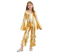 Alvivi Mono de Disco Metalizado Disfraz para Niña Mono de Acampanado Retro con Cremallera y Solapa Mono Brillante de Baile Latino Jazz Actuación 5-16 Años Dorado 5-6 años