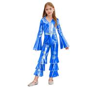 Alvivi Mono de Disco Metalizado Disfraz para Niña Mono de Acampanado Retro con Cremallera y Solapa Mono Brillante de Baile Latino Jazz Actuación 5-16 Años Azul real 15-16 años