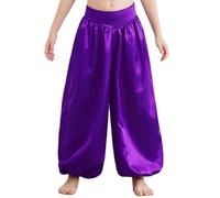 Alvivi Pantalones Bombacho Hippie Niños Pantalones Harem Satén para Danza del Vientre Holgado Disfraz de Árabe Aladino Disfraz de Danza 5-16 Años Morado 11-12 años