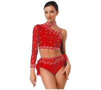 Alvivi Traje Brillante de Baile Latino para Mujer Maillot de Patinaje Artístico Top de un Hombro Manga Larga+Bragas con Plumas Traje de Baile Tango Jazz Cha Cha S-XXL Rojo S