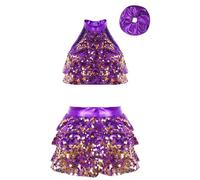 Alvivi Traje de Baile lentejuelas Niña Maillot Baile Latino Jazz con Volantes y Diadema Traje Patinaje Artístico con Crop Top y Falda Corta de Danza 3-16 Años Morado 3-4 años