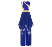 Alvivi Traje de Baile para Mujer Vestido de Danza Cristiana sin Manga con Metálico Patchwork + Pantalones de Piernas Anchas Vestidas de Baile Adoración Litúrgica S-3XL Azul Real L