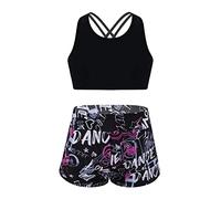 Alvivi Traje de Baño Deportivo de Dos Piezas para Niñas Crop Top y Leggings Cortos Pantalón de Baño Natación Chándales con Estampado Ropa de Playa 4-16 años V Negro+Rosa 13-14 años