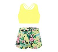 Alvivi Traje de Baño Deportivo de Dos Piezas para Niñas Crop Top y Leggings Cortos Pantalón de Baño Natación Chándales con Estampado Ropa de Playa 4-16 años V Amarillo 5-6 años