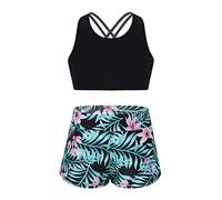 Alvivi Traje de Baño Deportivo de Dos Piezas para Niñas Crop Top y Leggings Cortos Pantalón de Baño Natación Chándales con Estampado Ropa de Playa 4-16 años S Verde 11-12 años