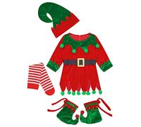 Alvivi Traje de Duende Navidad para Niñas Disfraz de Ayudante de Papá Noel con Vestido Elfo de Manga Larga y Zapatos y Sombrero y Calcetín a Rayas 1-18 Años A Rojo 1-2 años