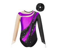 Alvivi Traje de Gimnasia Ritmica Maillot Niña Manga Larga con Diadema Body Brillante de Baile Maillot Competicion Patinaje Disfraz Bailarina Ballet Púrpura y negro 5-6 años