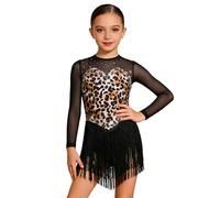 Alvivi Vestido Baile Latino Competicion Maillot Flecos Niña de Manga Larga con Estampado de Leopardo Maillot Baile de Salon Vestido para Bailar Salsa Samba Rumba Cha Cha Negro 13-14 años