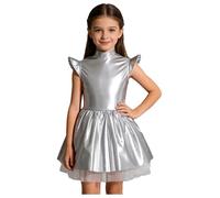 Alvivi Vestido de Alien de Brillante Metálico para Niña con Mangas Volantes Vestido Tutu de Fiesta Disfraz Soldado del Espacio Espacial Marciano Plateado 11-12 años