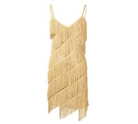 Alvivi Vestido Latino Mujer para Danza Clásica Salsa Tango Samba Rumba Vestido con Lentejuelas Flecos Flequillos Borla Brillante Traje de Baile Latino Danza Latina Talla Única Dorado One Size