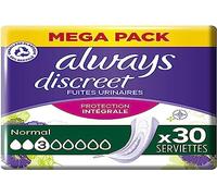 Always Discreet, 30 toallas higiénicas incontinencia mujer, normal 3 gotas, protección absorbente para fugas urinarias moderadas, Mega Pack