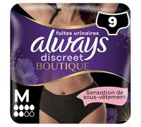 Always Discreet Boutique Bragas para fugas de orina, color negro Plus, talla M, x9 bragas, una sensación de verdadera ropa interior, súper absorbente, diseño que se adapta a las formas del cuerpo