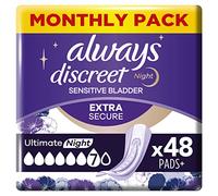 Always Discreet Ultimate Night - Compresas para incontinencia, paquete mensual para incontinencia, 48 compresas (4 paquetes de 12 unidades)