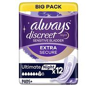 Always Discreet Plus Ultimate Night - Compresas de incontinencia para mujer, 12 unidades, protección fuerte, apenas sientes