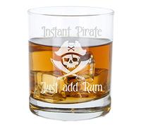 Always Looking Good Vaso de ron pirata grabado con texto en inglés "Instant Pirate Just Add Rum", diseño de calavera y huesos cruzados, vaso divertido de pirata, regalo novedoso para los amantes del