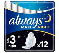Always Maxi Night Compresas con alas (talla 3), 12 unidades, hasta 100% protección, empaquetadas individualmente.