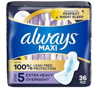 Always Maxi Overnight Pads con alas para mujer, talla 5, absorción extra pesada durante la noche, sin perfume, 36 unidades (el embalaje puede variar)