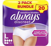 Always Pantalones discretos para incontinencia para mujer, L, UK 16-22, blanco, absorbencia 6, 20 ropa interior /bragas (10 x 2 paquetes), (el embalaje puede variar)