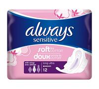 Always Sensitive Long Ultra - Toallas sanitarias largas (12 almohadillas, suaves como el algodón, probadas para ser suaves y sin olores, tamaño 2)