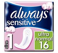 Always Toallas sanitarias normales sensibles sin alas, tamaño 1, 16 almohadillas