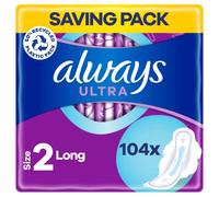 Always Toallas sanitarias ultra largas (tamaño 2) alas 104 almohadillas superabsorbentes, neutraliza olores, ultra delgadas