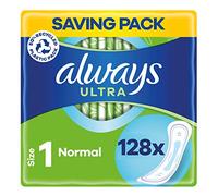 Always Toallas ultra sanitarias, tamaño 1, normales, 128 toallas (32 x 4 paquetes), paquete grande, neutralizador de olores, núcleo súper absorbente