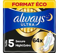 Always Ultra Compresas para mujer Secure Night Extra (tamaño 5) con alas (64 compresas con alas), paquete grande, noche, fina y superabsorbente, neutraliza los olores y evita fugas.