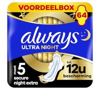 Always Ultra Compresas para mujer Secure Night Extra (tamaño 5) con alas (64 compresas con alas), paquete grande, noche, fina y superabsorbente, neutraliza los olores y evita fugas.