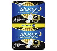 Always Ultra Sanitaria Secure Night Extra con Alas 16 Súper Absorbente y Ultra Delgada, para la Menstruación