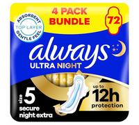 Always Ultra Sanitarias Toallas/Almohadillas con alas, Secure Night Extra Tamaño 5, Ultra Delgadas, 72 Toallas (18 x 4 Paquetes), Caja Superahorro, Neutralizador de Olores, Núcleo Superabsorbente
