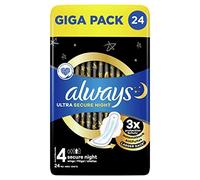 Always Ultra Sanitary Pads Secure Night (Size 4) with Wings Pack of 24, Extremely Absorbent and Ultra Thin Sanitary Pads for The Period