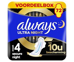 Always Ultra Sanitary Pads - Toallas sanitarias para mujer, talla 4, Secure Night, 72 toallas sanitarias con alas (6 x 12 piezas), paquete mensual, ultrafinas y superabsorbentes
