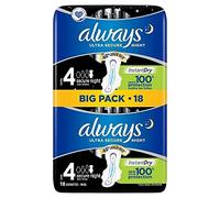 Always Ultra Secure toallas sanitarias nocturnas con alas 18 almohadillas, superabsorbentes, finas, neutralizan olores extra cobertura, tamaño 4