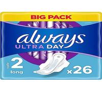 Always Ultra Toallas Higiénicas, Tamaño 2, Largo, 26 Servilletas con Aletas, Flujo Moderado Día, Max Confort, Super Absorbentes y Ultrafinas