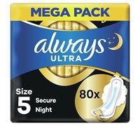 Always Ultra Toallas Sanitarias con Alas, Secure Night, Talla 5, 80 Toallas (20 x 4 Paquetes), Mega Pack, Neutralizador de Olores, Núcleo Absorbente