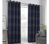 always4u Cortinas 100 % opacas a cuadros con ojales, juego de 2 unidades de 140 x 245 cm, aislantes del calor, cortinas opacas para dormitorio, salón y habitación infantil, color azul oscuro moderno